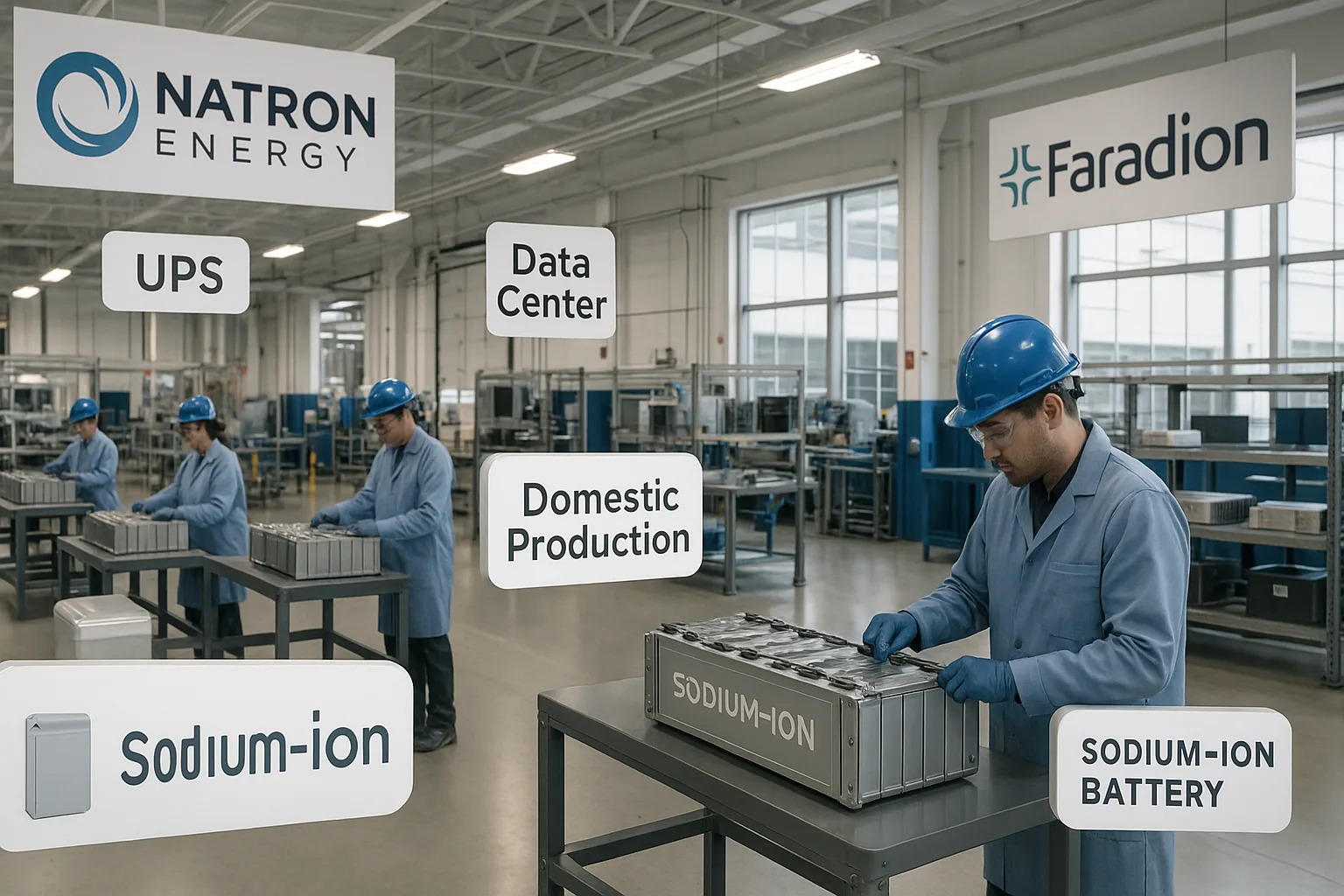 Modern U.S. factory with workers assembling sodium-ion batteries; company logos “Natron Energy” and “Faradion”; floating labels “UPS”, “Data Center”, “Domestic Production”.