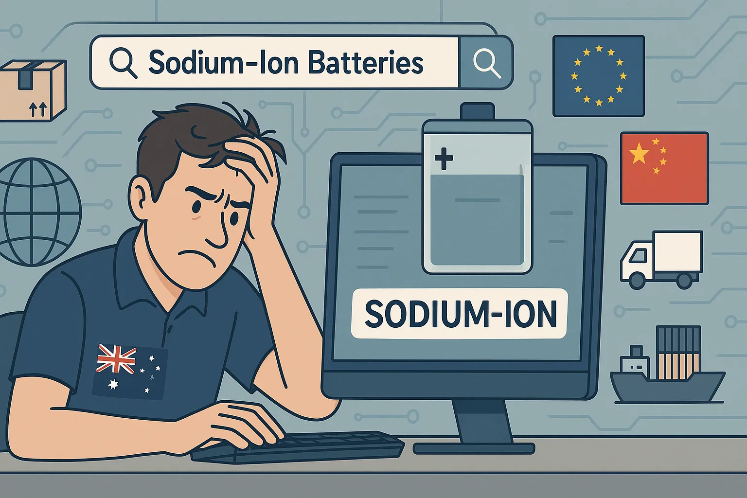 Frustrated Australian buyer searching online for sodium-ion batteries, with global shipping icons and flags of EU and China, and a large battery labeled “Sodium-Ion”.