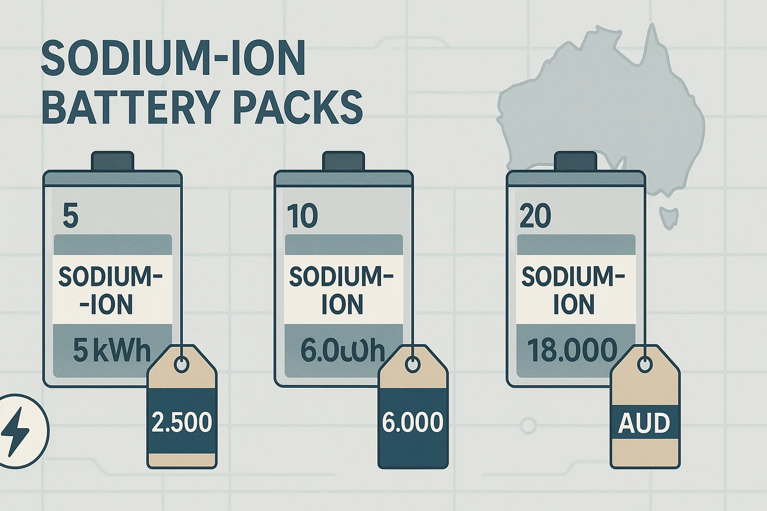 Pricing infographic of sodium-ion battery packs in Australia, showing 5kWh, 10kWh, and 20kWh options with AUD price tags and energy/currency icons.