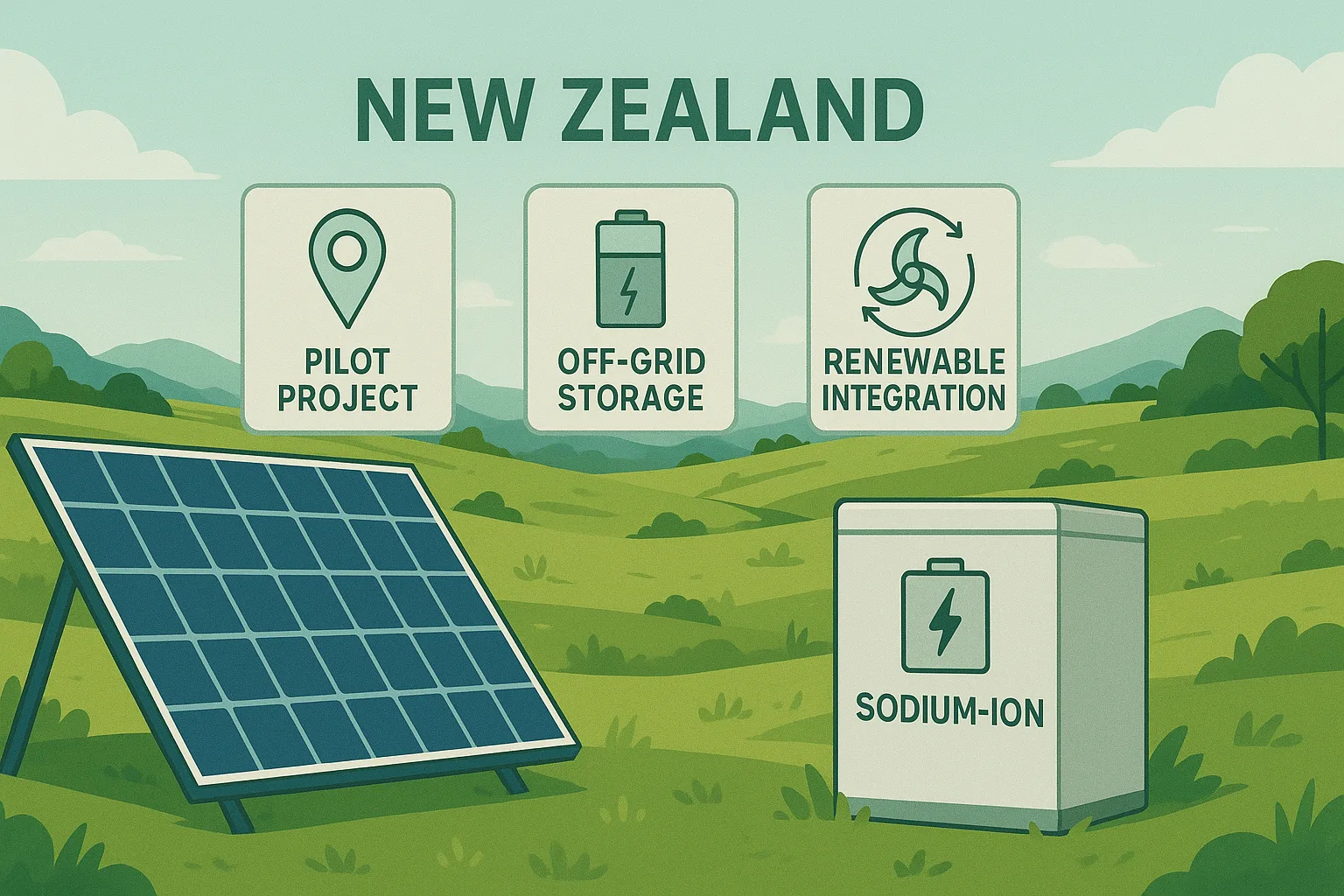 Solar panel and sodium-ion battery in a rural New Zealand landscape, with overlay labels “Pilot Project”, “Off-grid Storage”, and “Renewable Integration”.