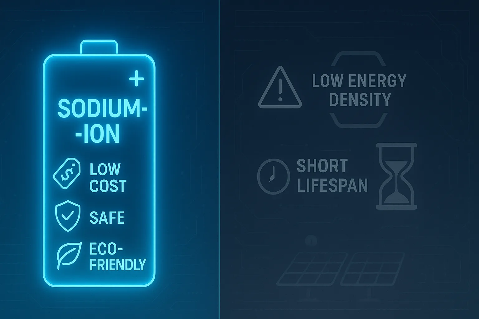 Split-screen image showing a glowing blue sodium-ion battery labeled 'Low Cost', 'Safe', 'Eco-Friendly' and dimmed warnings for 'Low Energy Density' and 'Short Lifespan'.
