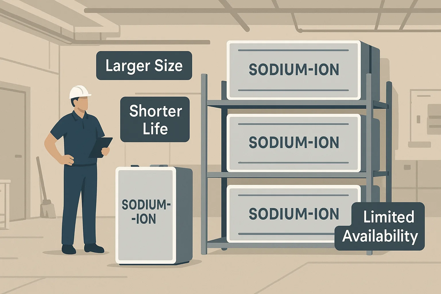 Warehouse scene with large sodium-ion battery packs on shelves, worker inspecting, and labels: “Larger Size”, “Shorter Life”, “Limited Availability”.