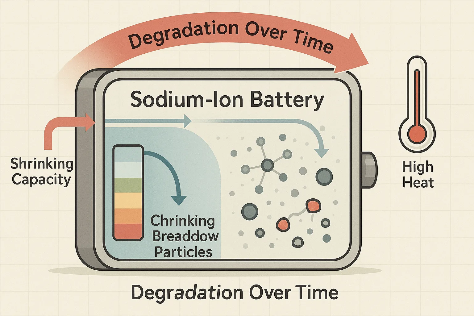Cutaway diagram showing sodium-ion battery degradation over time with labels for shrinking capacity, particle breakdown, and high heat.