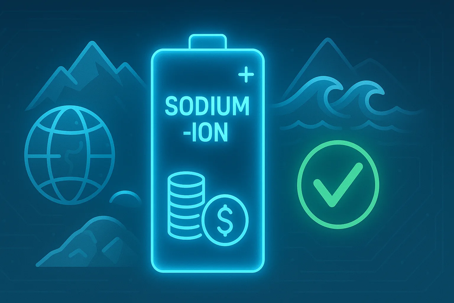 Glowing sodium-ion battery with icons for global abundance, low cost (coin stack), and safety, surrounded by rock salt and ocean wave metaphors.