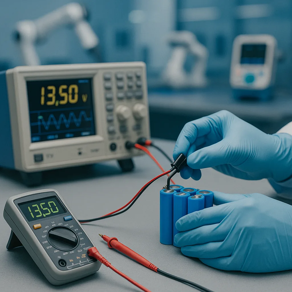 A gloved technician assembling and testing a 4S lithium battery pack using 18650 cells, monitored by a digital multimeter and oscilloscope in a clean tech lab.