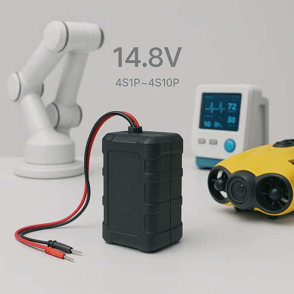Rugged 14.8V lithium-ion battery pack displayed with a robotic arm, medical diagnostic device, and underwater drone on a clean studio table.
