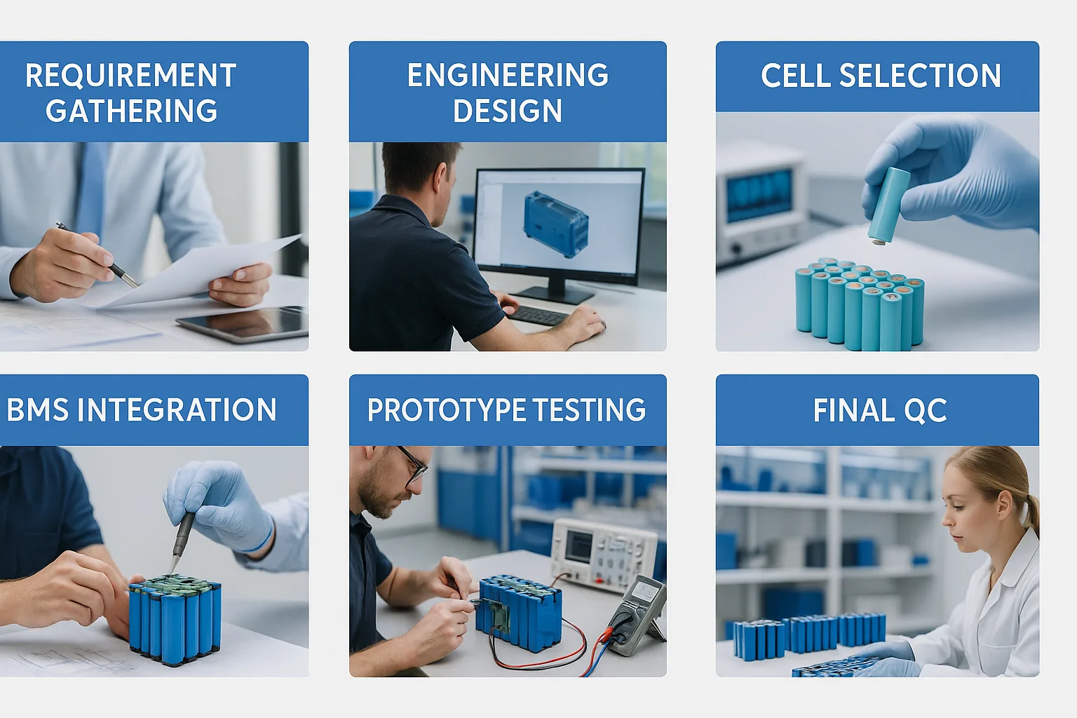 A wide, uncropped photographic infographic showing six stages of custom lithium battery development: Requirement Gathering, Engineering Design, Cell Selection, BMS Integration, Prototype Testing, and Final QC—each with clear labels and photos in a 16:9 layout.