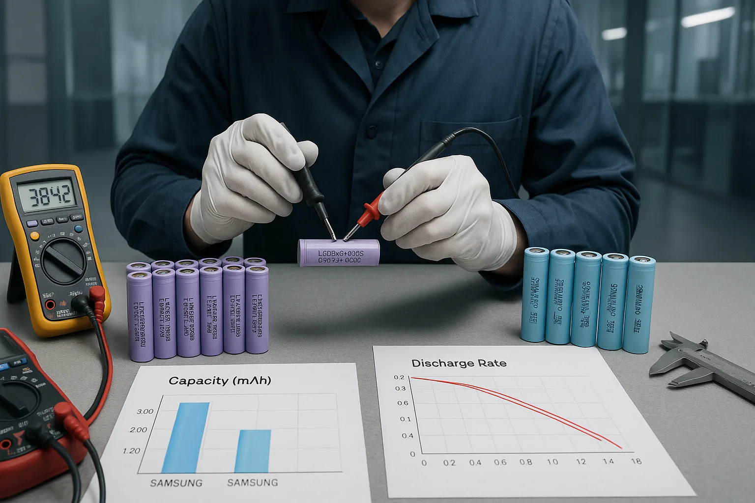 Technician testing cylindrical 18650 lithium-ion cells using a multimeter on a lab bench, with Samsung and LG cells and performance charts.