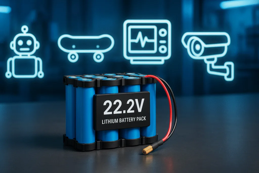 Realistic 22.2V lithium battery pack made of cylindrical 18650 cells with icons for robot, e-skateboard, medical device, and security camera in the background.