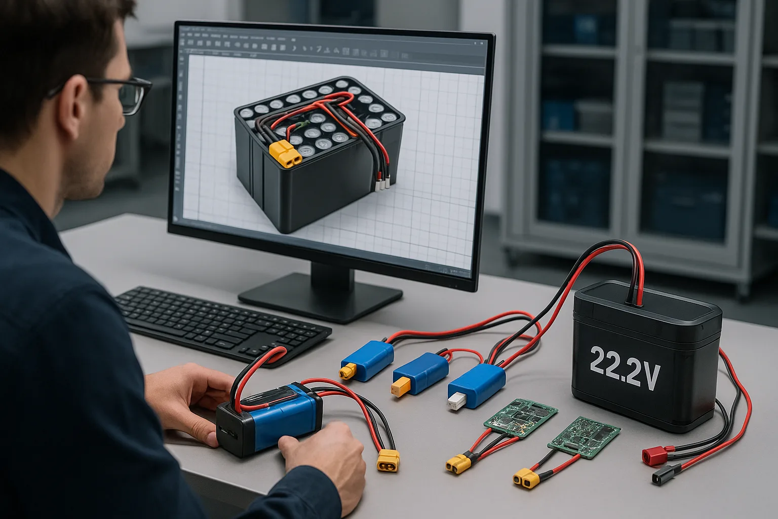 Engineer designing a custom lithium-ion battery pack in a clean R&D lab, with CAD software, connector prototypes, and BMS boards on the workbench.