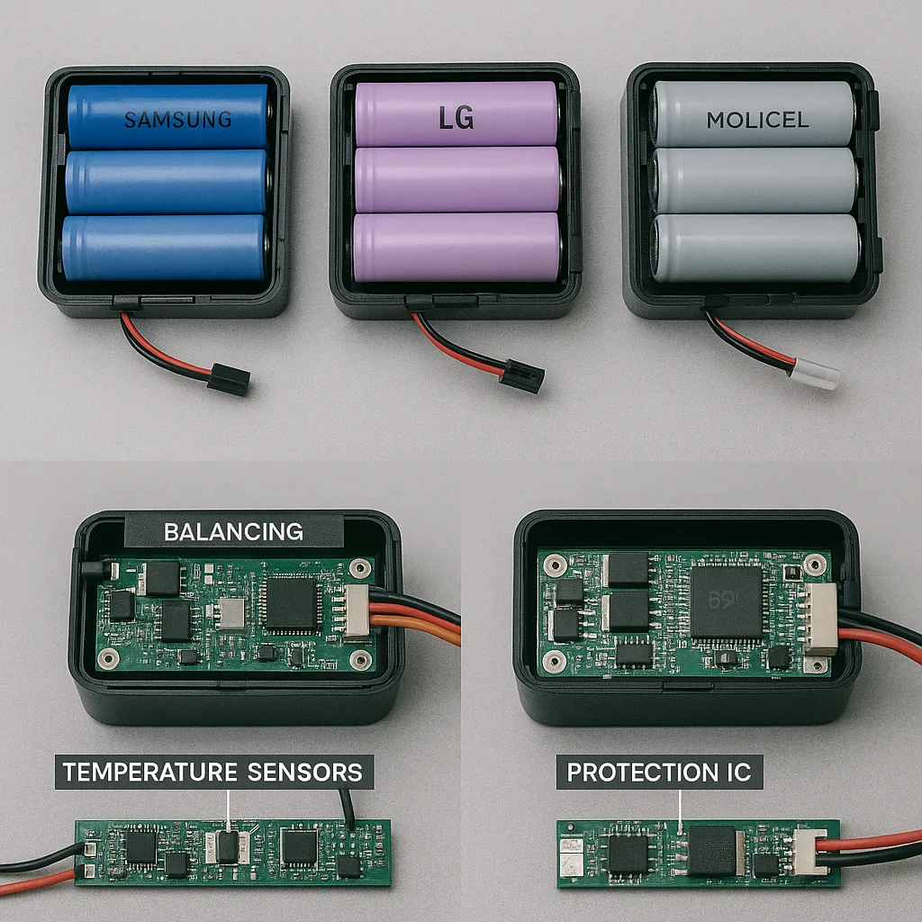 Open battery packs with Samsung, LG, and Molicel 18650 cells, paired with close-up views of BMS boards showing balancing, temperature sensors, and protection ICs.
