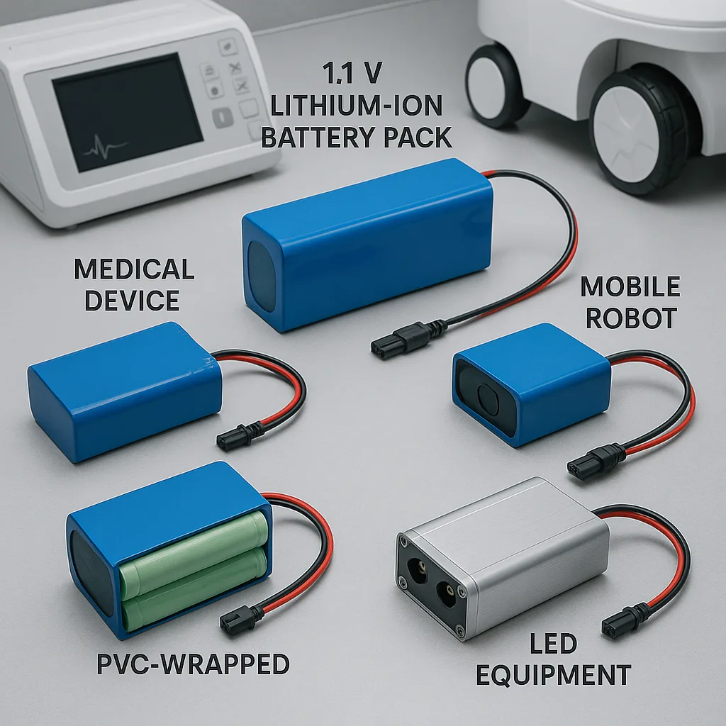 A variety of 11.1V lithium-ion battery packs made with 18650 cells in PVC, plastic, and aluminum casings, shown powering medical devices, mobile robots, and LED equipment in a clean industrial workspace.