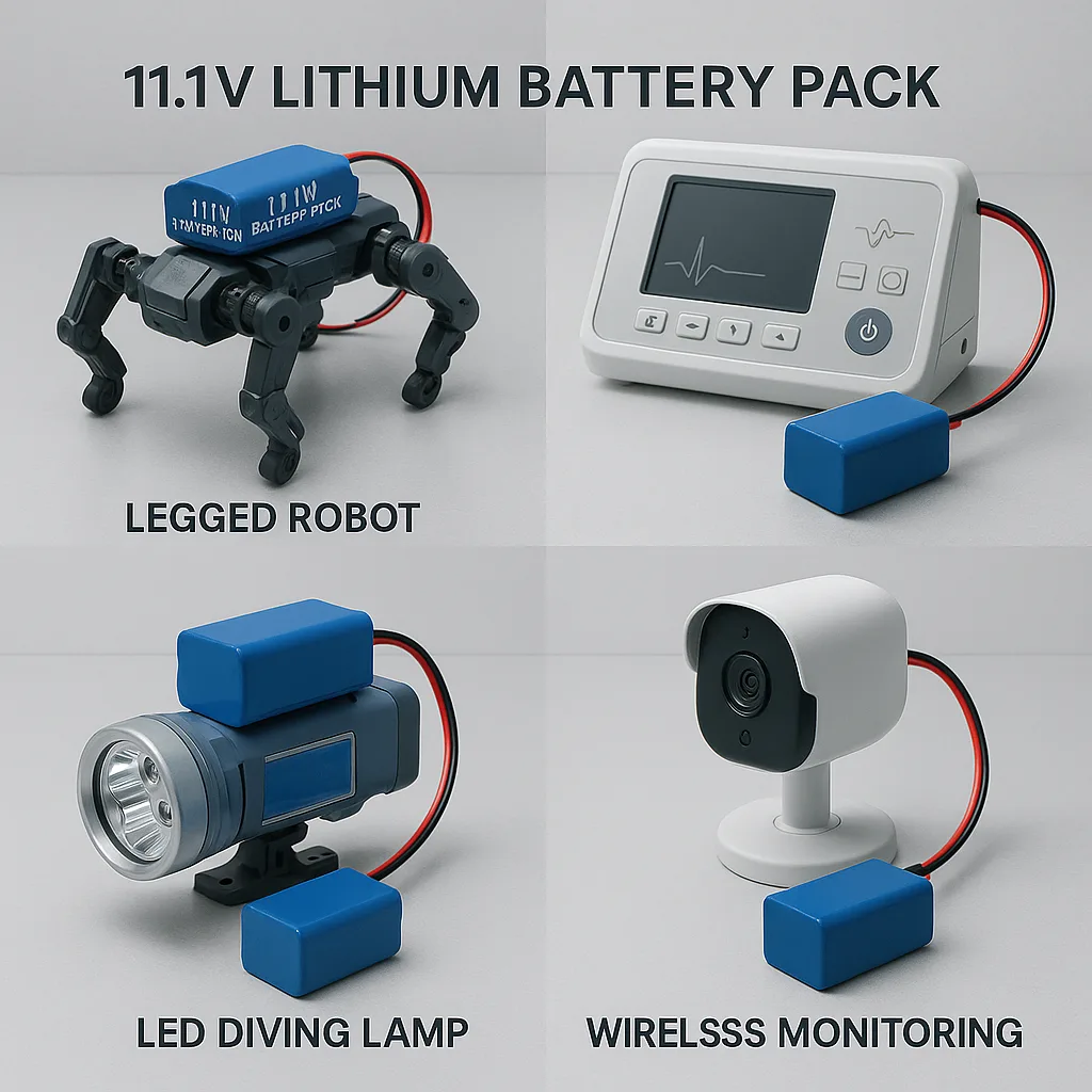 Four real-world applications powered by 11.1V lithium battery packs, including a legged robot, a medical diagnostic device, an LED diving lamp, and a wireless monitoring camera, arranged side by side.