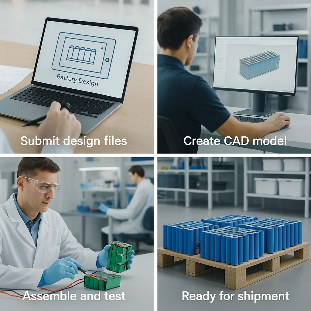 Four-step visual showing lithium battery customization: submitting design files, creating CAD models, assembling and testing packs, and final products prepared for shipment.