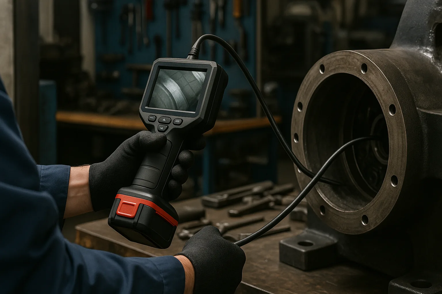A factory worker using a battery-powered handheld inspection camera to examine machinery internals in a workshop with visible tools and lighting.