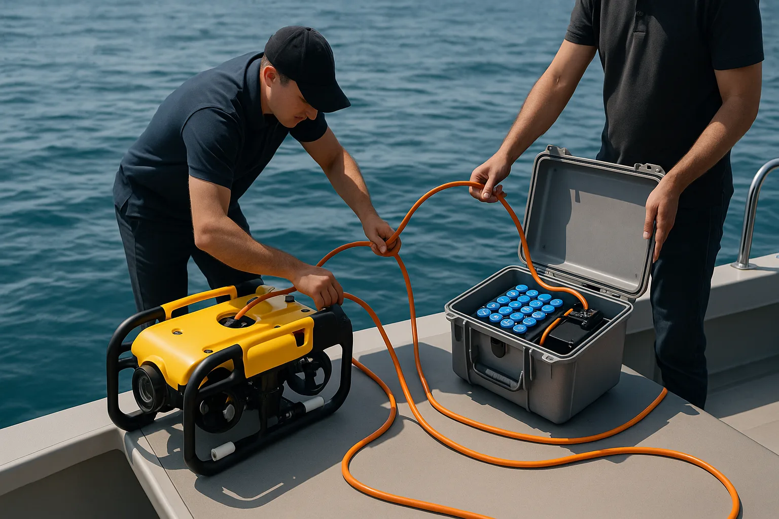 Technicians launching an ROV from a boat with an 11.1V modular lithium battery pack connected on deck, ocean in background.