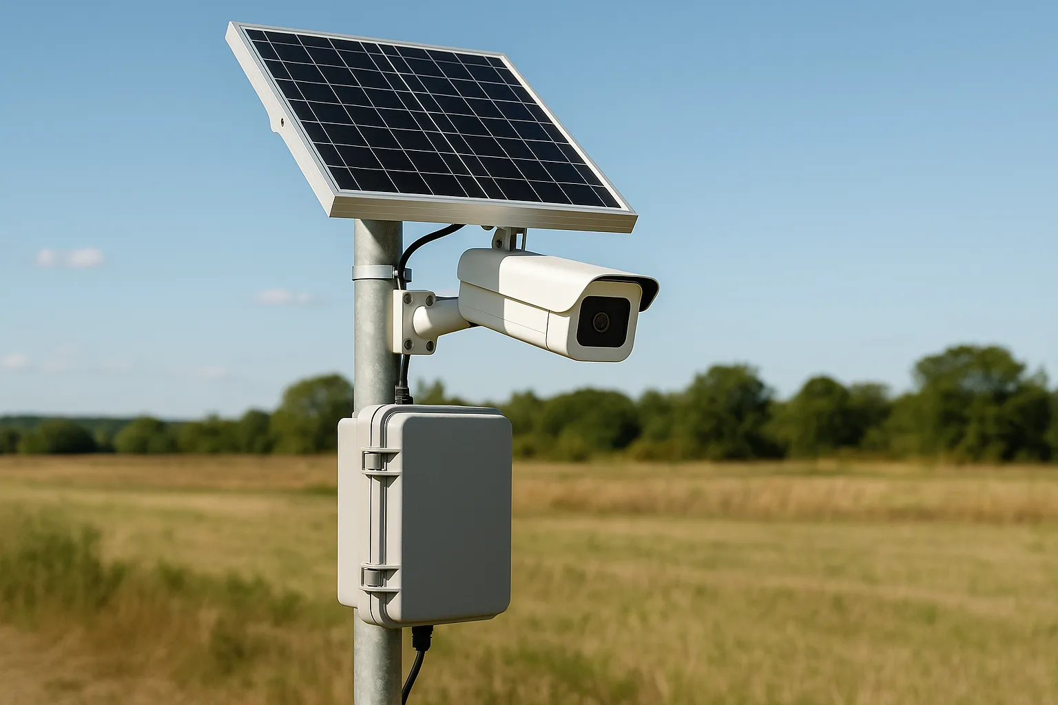 A solar-powered surveillance camera mounted on a pole with a lithium battery pack inside a weatherproof enclosure, set in a sunlit open field.