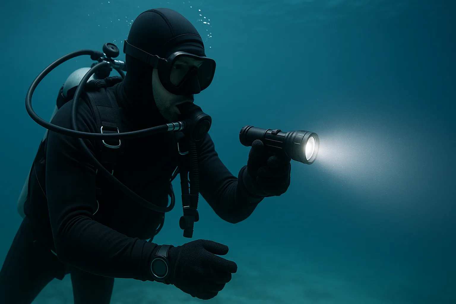 A professional diver underwater using a pressure-proof LED torch powered by a lithium battery pack, with the light beam cutting through clear water.