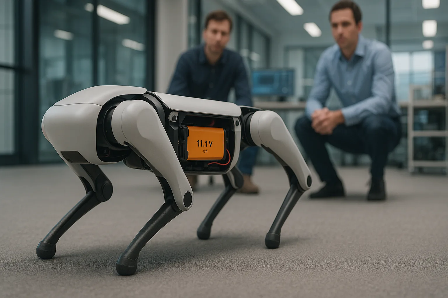 A quadruped robot walking in a modern lab with its 11.1V lithium battery pack exposed, observed by engineers during indoor testing.