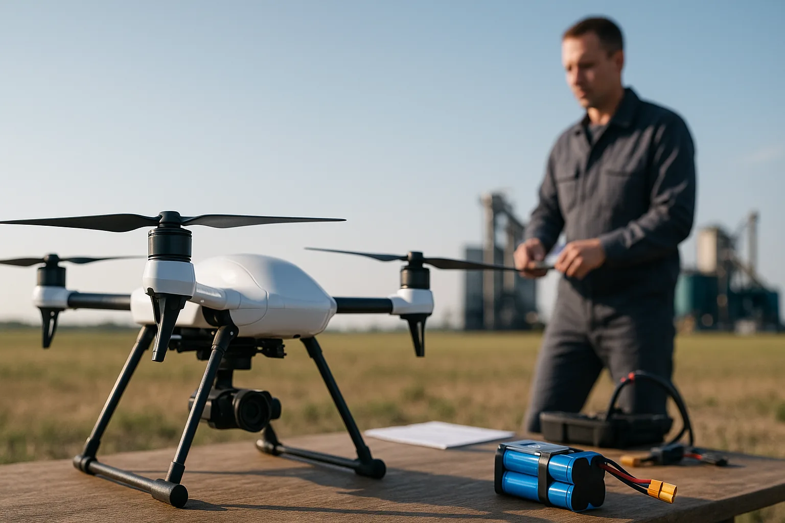 Technician preparing a large white commercial drone for flight with battery and tools in an open field near industrial structures.