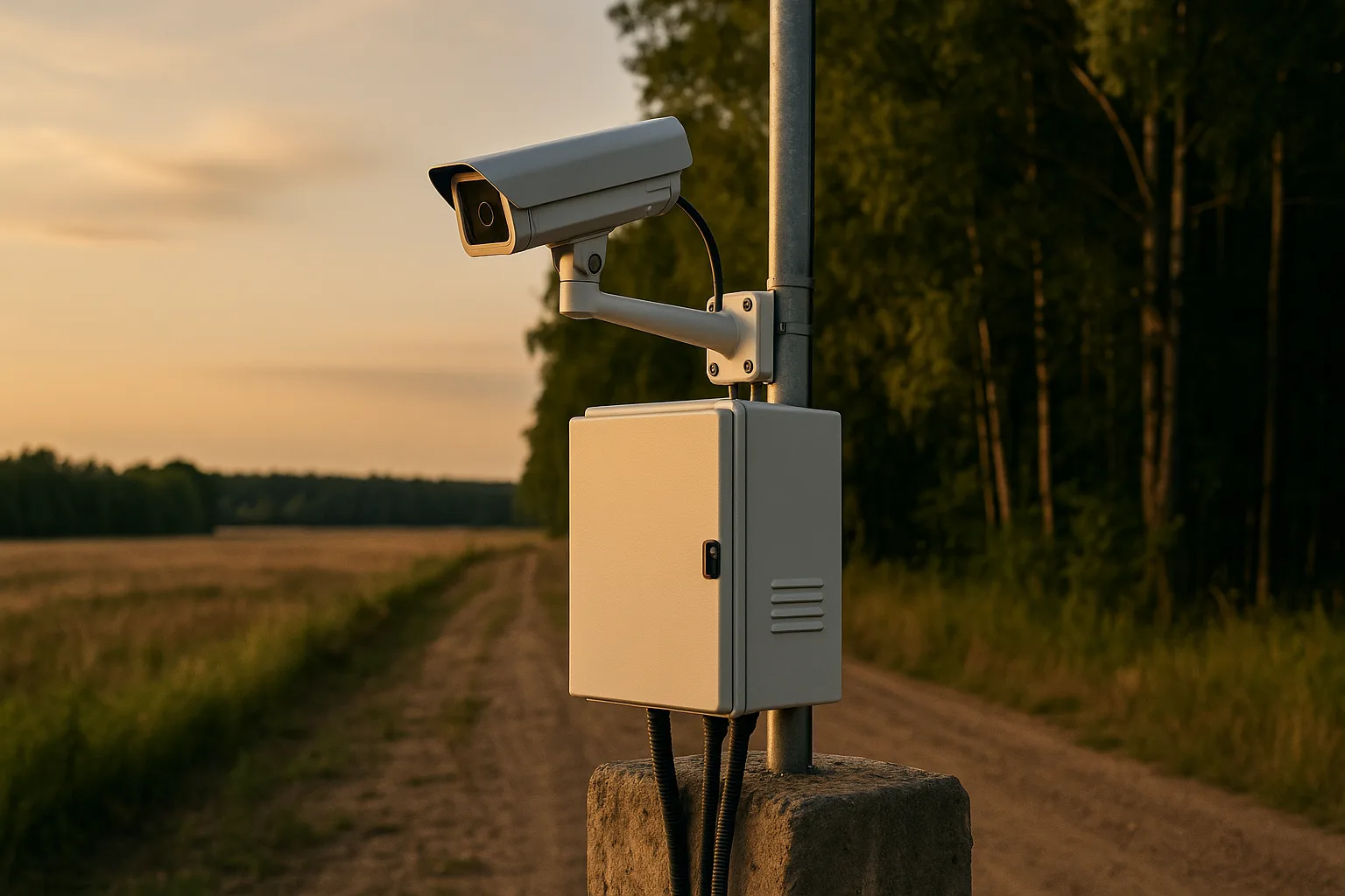Outdoor surveillance camera installed on a metal pole in a forest-edge field during sunset, with rugged wiring and control box.