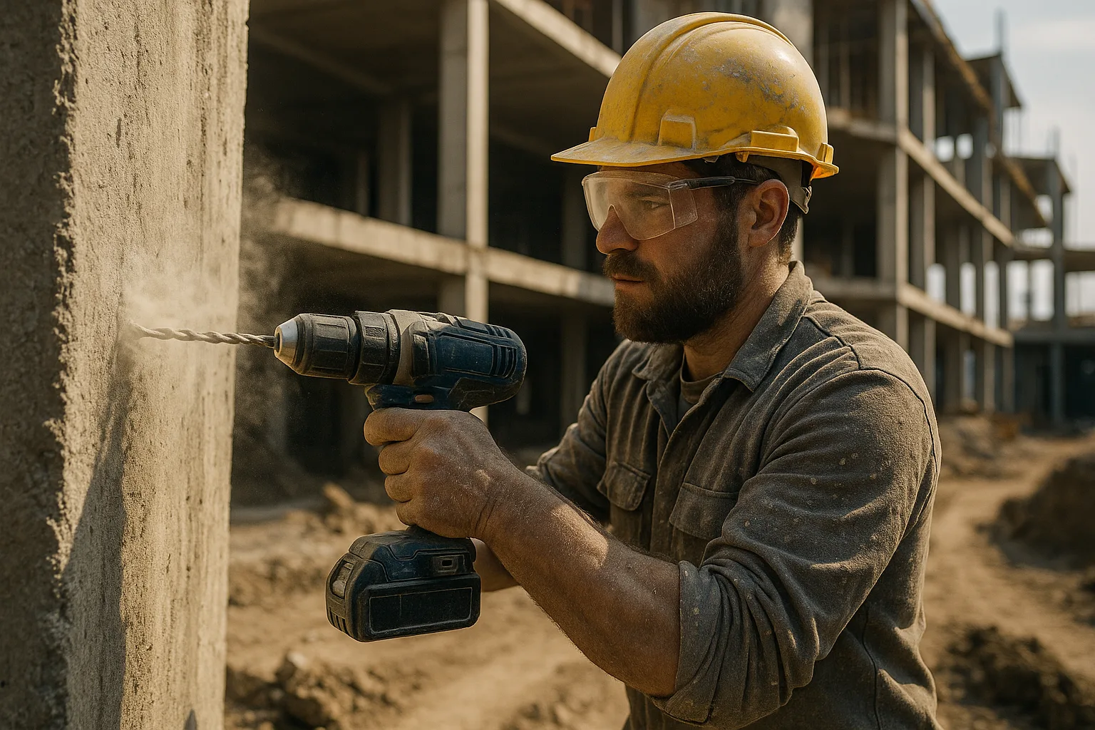 Construction worker using a cordless drill on a concrete wall, with dust and unfinished building in the background.