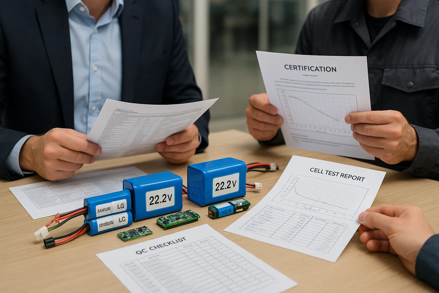 Buyer and battery supplier discussing 22.2V battery pack samples, certifications, BMS boards, and test reports in a professional office setting.