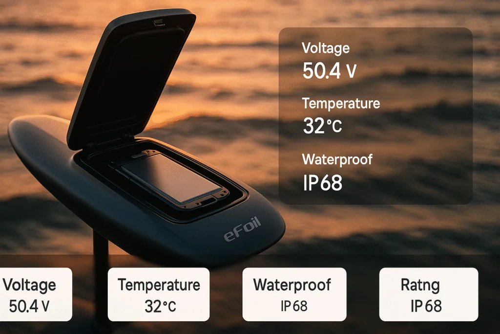 A high-performance eFoil gliding across ocean waves at sunset with its waterproof lithium-ion battery pack compartment open, revealing sleek engineering. UI-style overlays display voltage, temperature, and IP68 rating.
