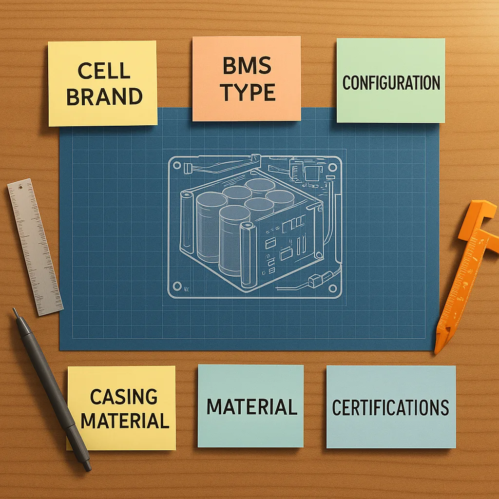 A top-down flat-lay photo showing a transparent battery pack blueprint on a desk, surrounded by sticky notes labeled “Cell Brand”, “BMS Type”, “Configuration”, “Casing Material”, and “Certifications”, with measuring tools and warm office lighting.