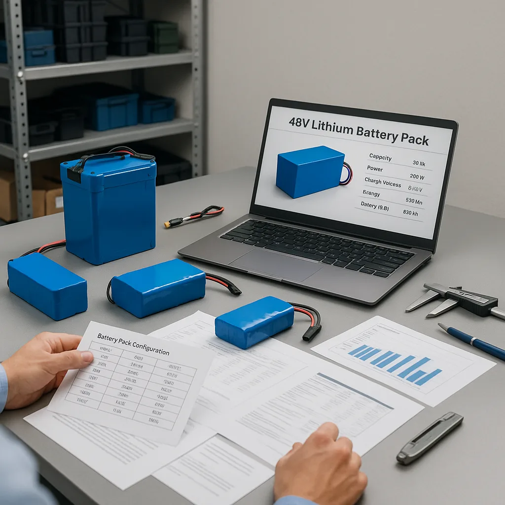 An engineer at a clean factory workbench analyzing multiple 48V lithium battery pack configurations with technical documents, a laptop showing battery specs, and precision tools.