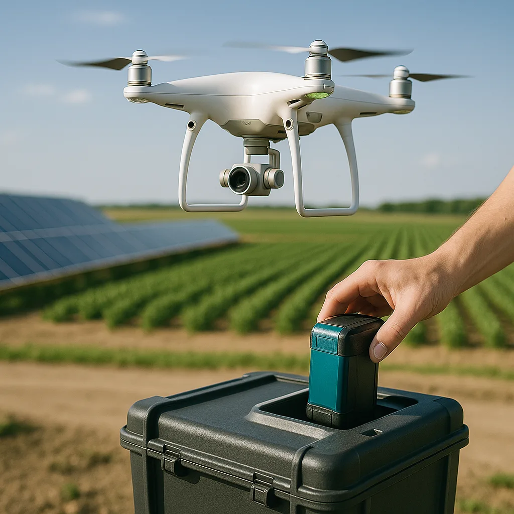 Quadcopter drone flying over farmland with solar panels; lithium battery swap in progress nearby.