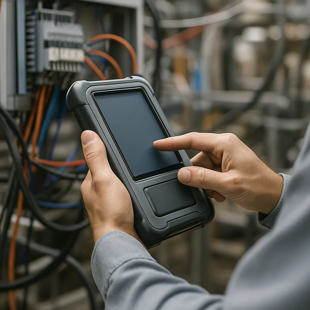 Technician using a rugged touchscreen control device on factory floor with wires in background.