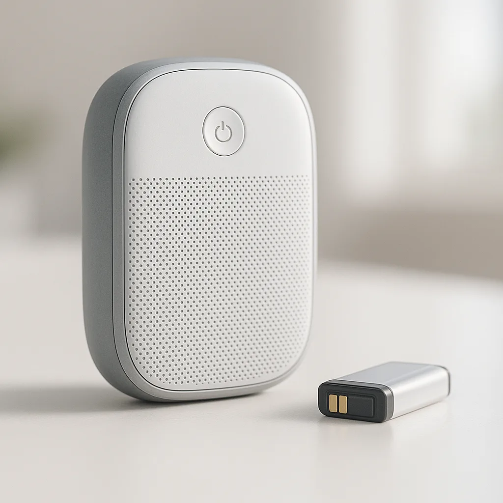 Close-up of a modern smart home device and a lithium battery on a white desk.
