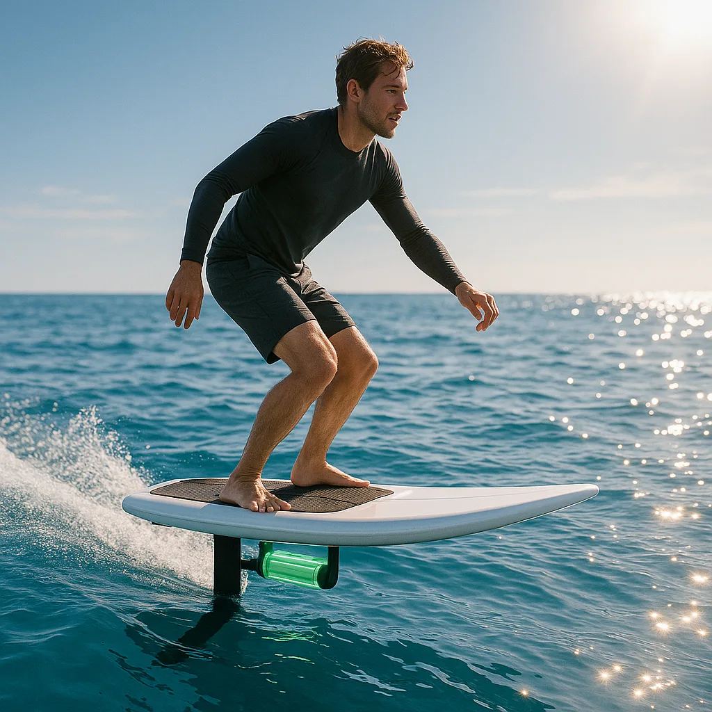 Man riding an electric surfboard with visible battery compartment on clear blue water.