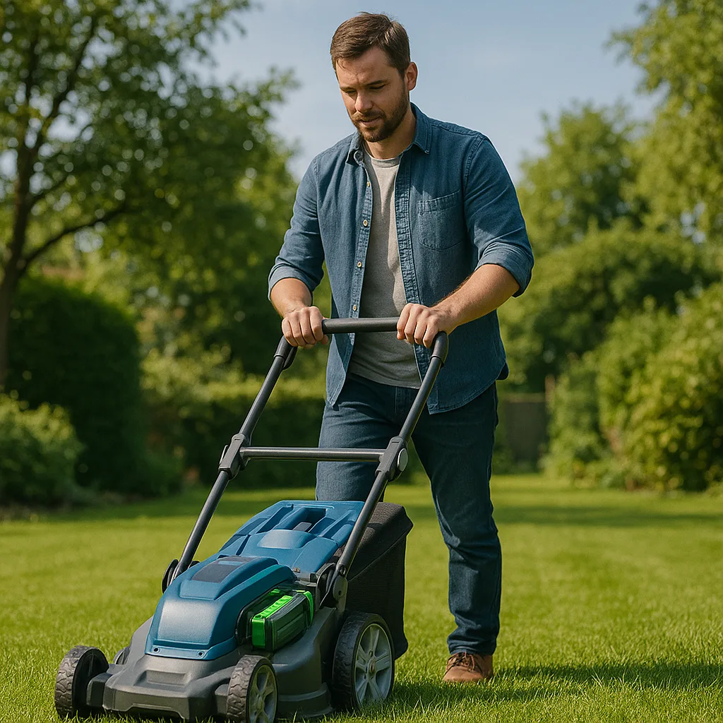 Man mowing lawn with a cordless electric lawnmower showing lithium battery slot.
