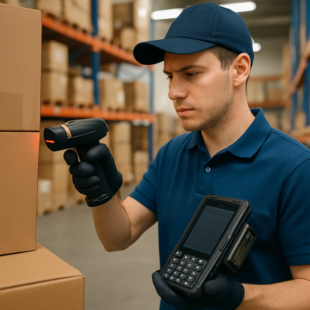 Warehouse worker scanning barcodes using a handheld device connected to a mobile terminal.