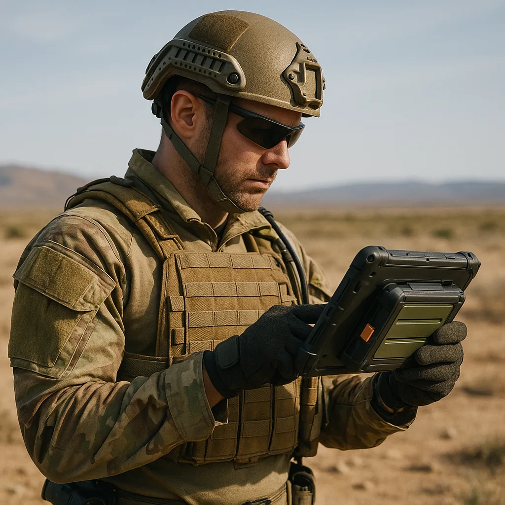 Soldier using a rugged military tablet with visible battery in a desert operation field.