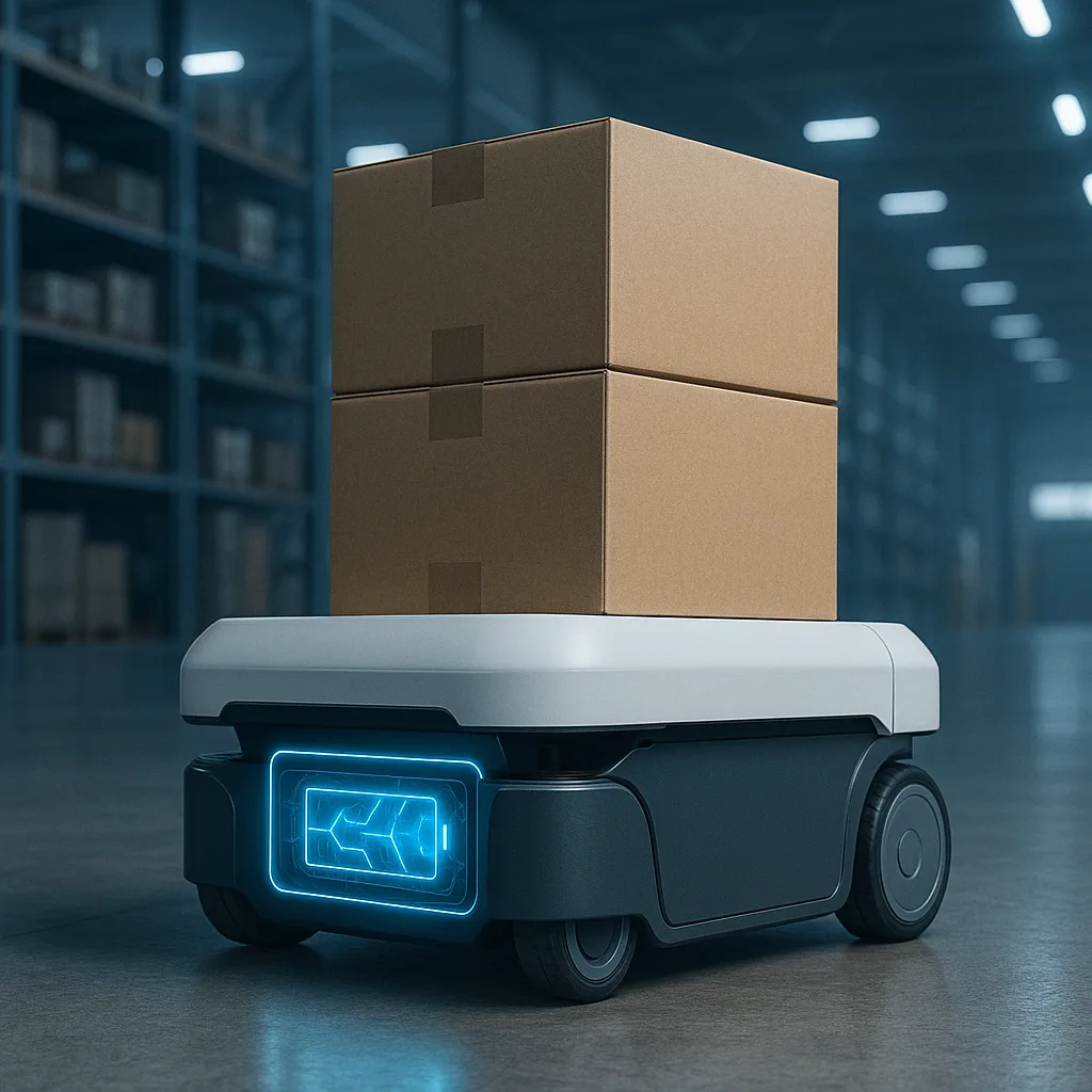 Autonomous mobile robot transporting boxes in a modern warehouse with visible lithium battery.