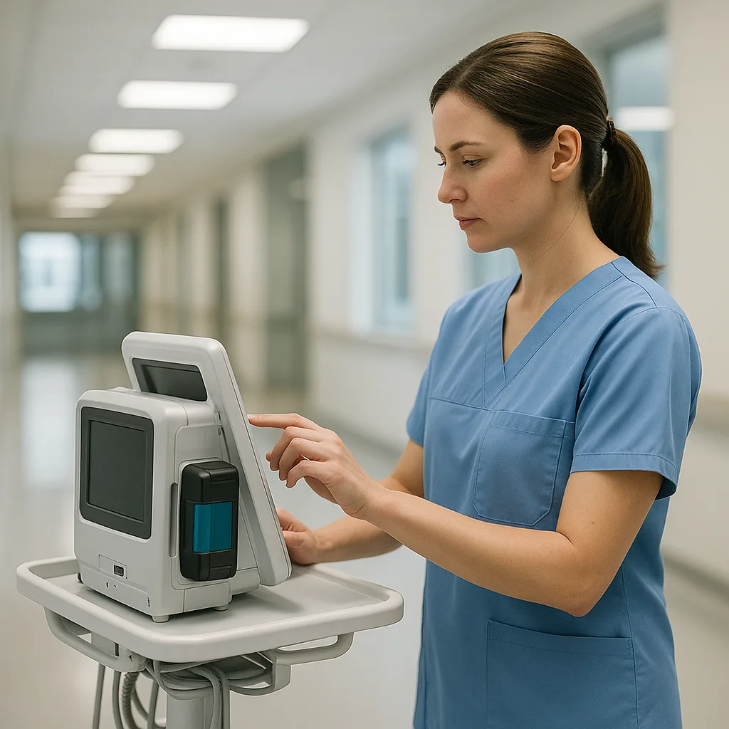 Nurse operating a portable diagnostic monitor with visible battery on a medical cart in hospital.
