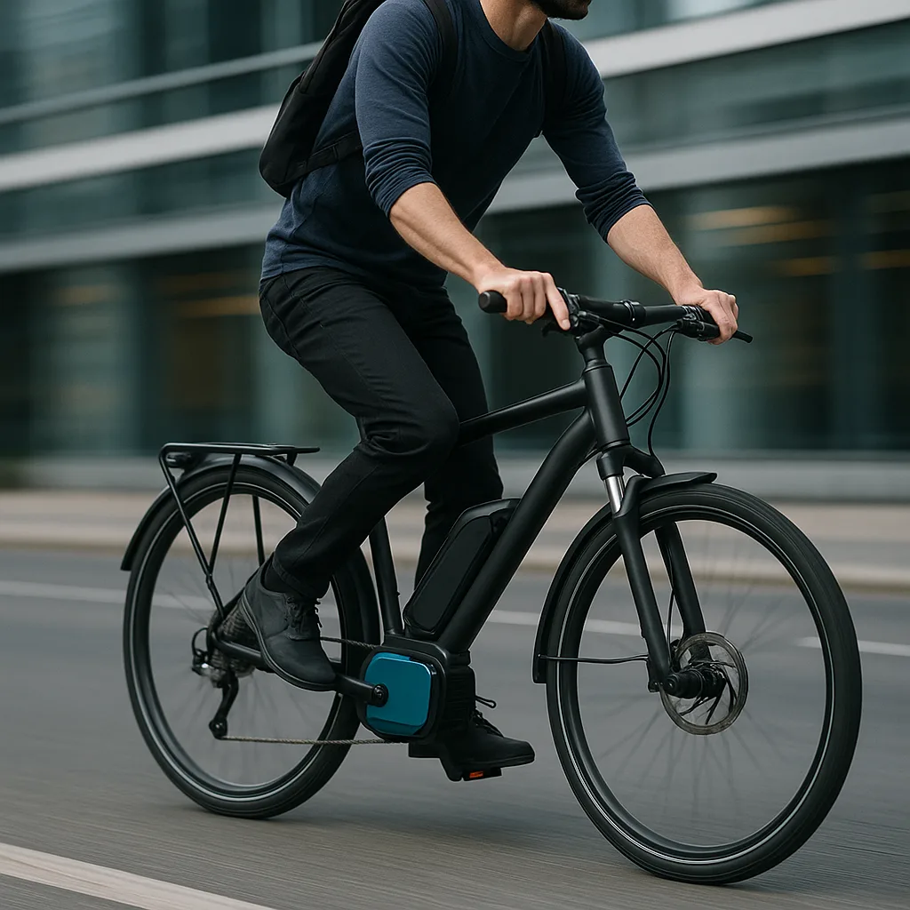 Cyclist riding a sleek electric bike with frame-mounted lithium battery on an urban road.
