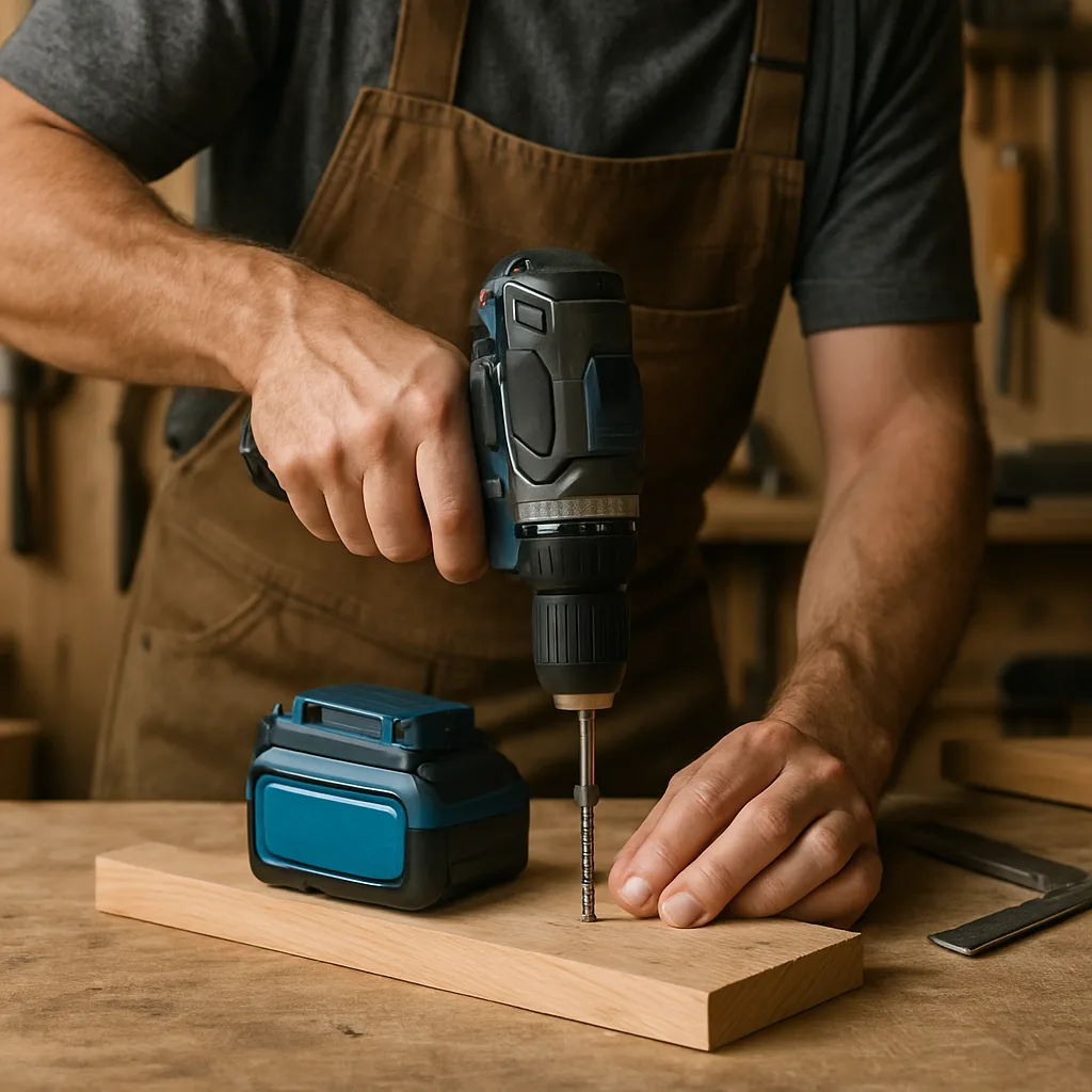 Carpenter using a cordless electric drill on a wooden workbench with visible lithium battery.