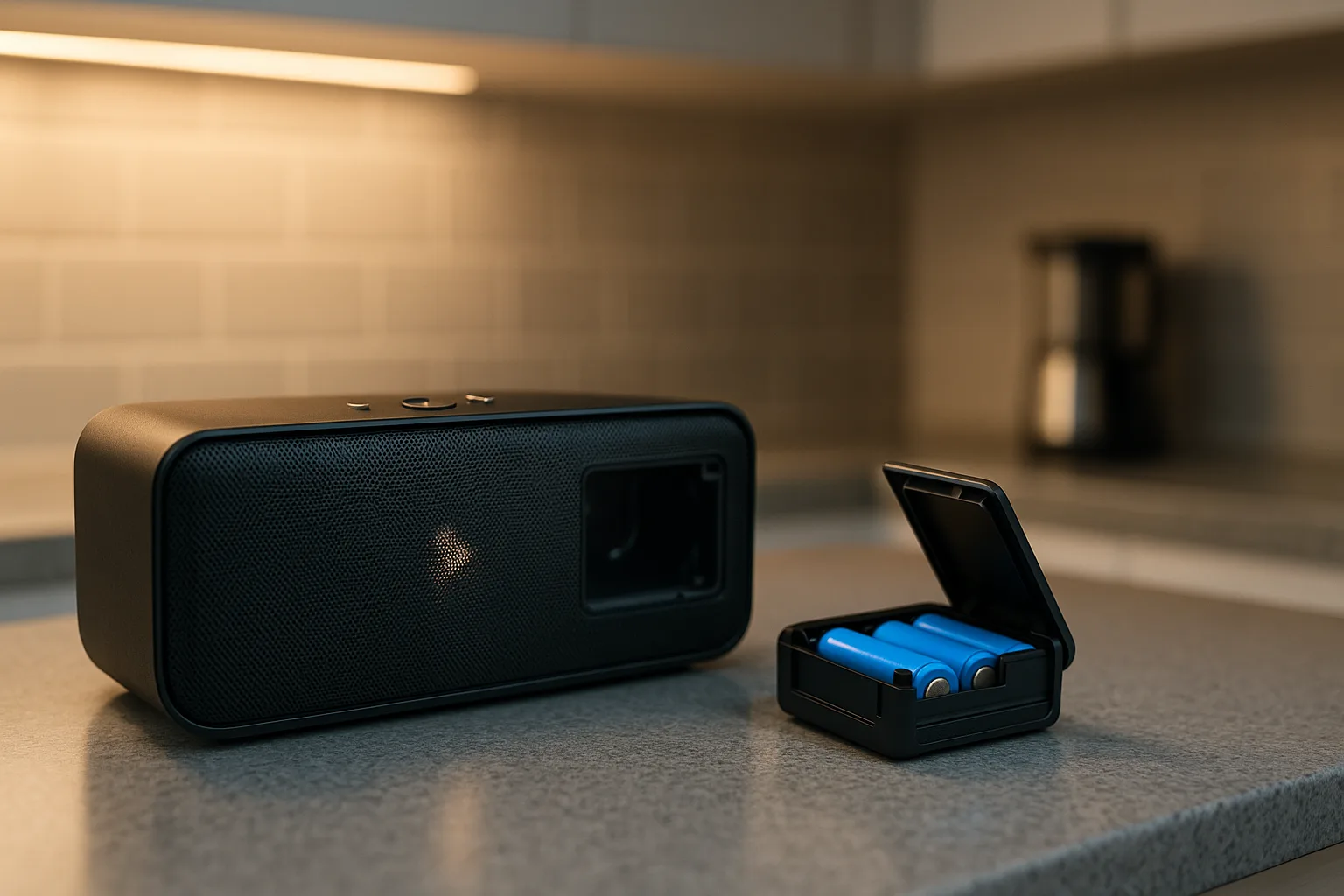 A sleek Bluetooth speaker playing music on a modern kitchen counter, connected to a small external battery pack in a warmly lit ambient setting.