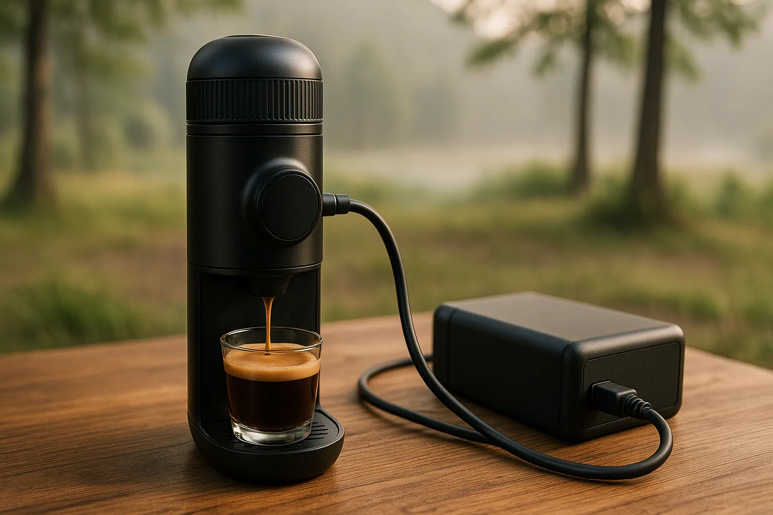 A portable battery-powered espresso machine set on a wooden table during a camping trip, surrounded by trees and morning mist.