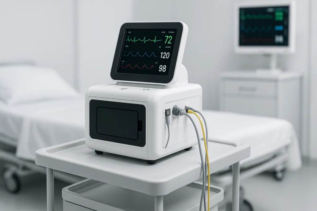 A compact medical diagnostic device on a hospital cart powered by a lithium battery pack, with patient monitoring screens active in a sterile white clinical setting.