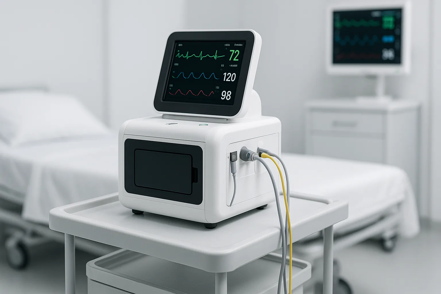 A compact medical diagnostic device on a hospital cart powered by a lithium battery pack, with patient monitoring screens active in a sterile white clinical setting.