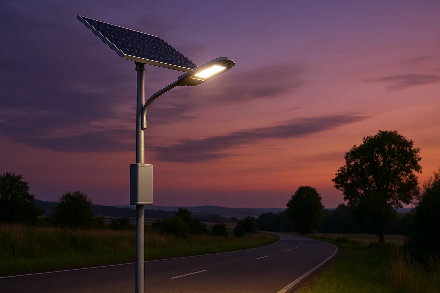A solar-powered LED street light on a rural road at dusk, with solar panels mounted and battery pack concealed inside the pole.