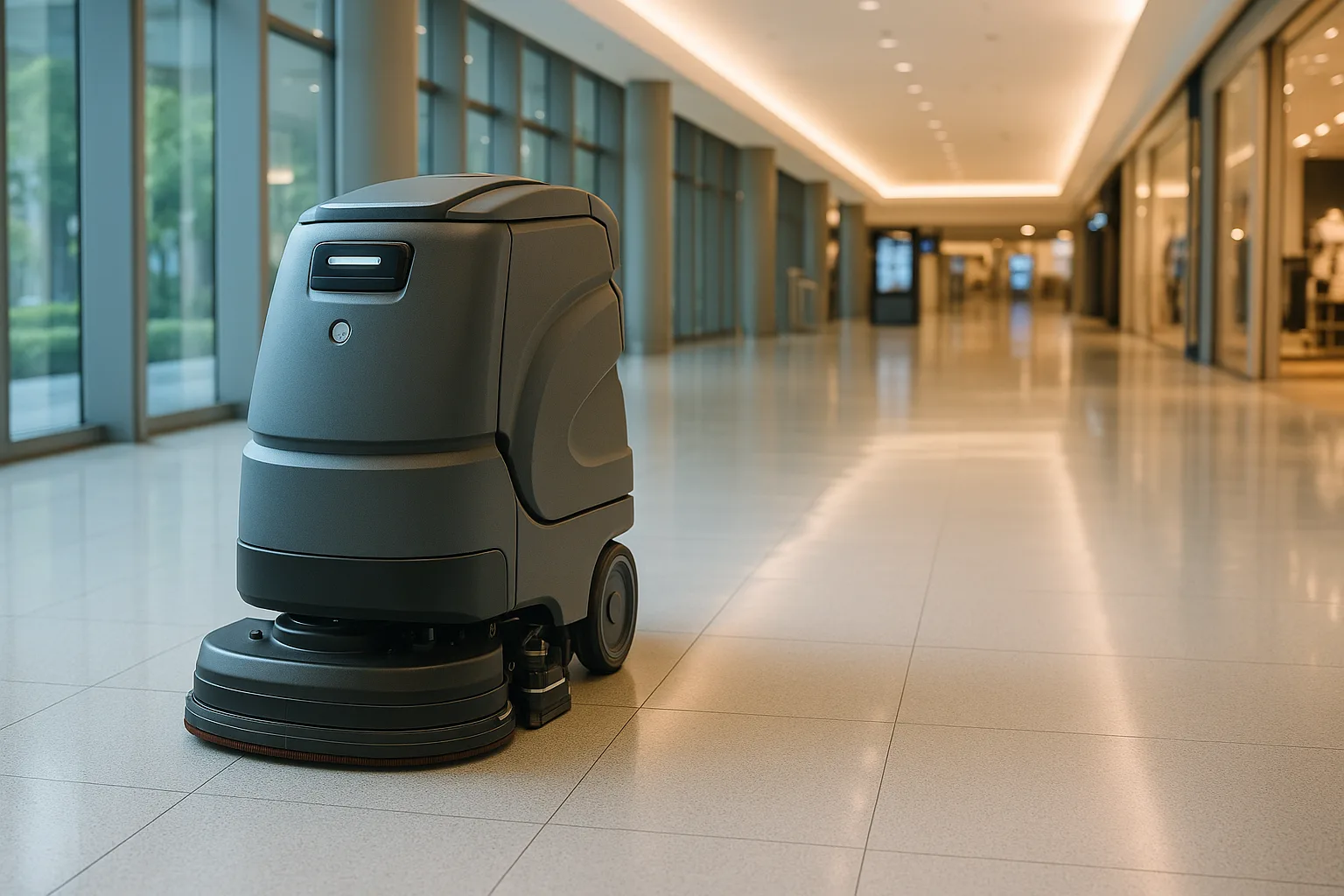An autonomous floor scrubber robot cleaning a modern shopping mall or warehouse floor with high reflectivity.