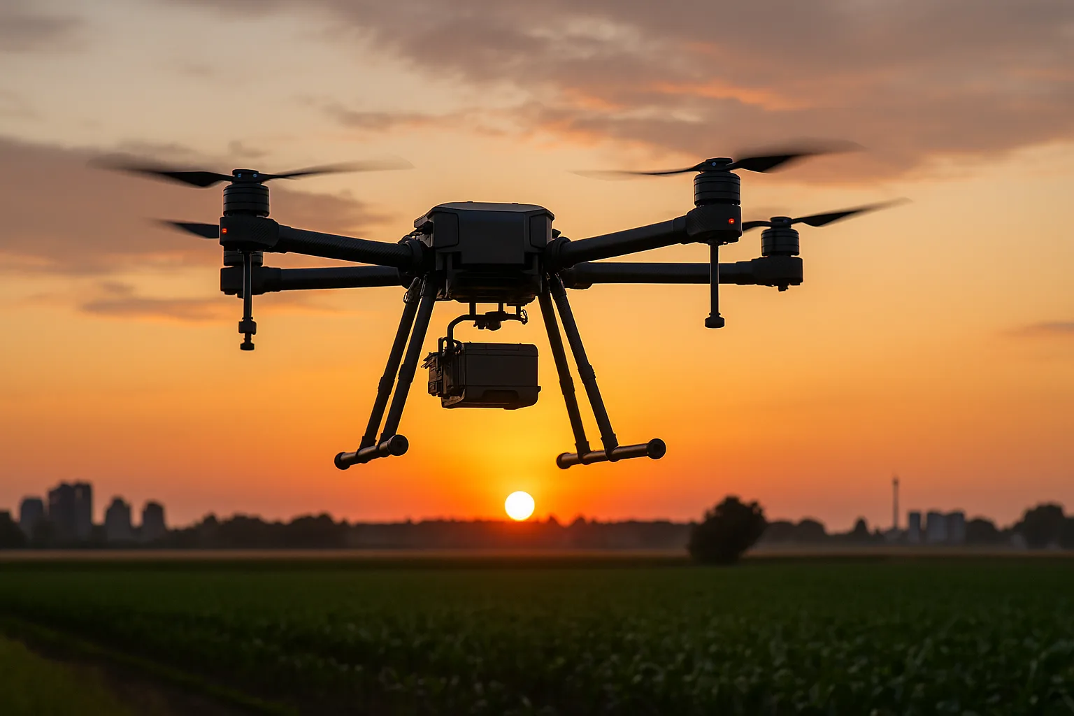 large quadcopter drone flying at sunset above a farmland or industrial area, showcasing endurance and payload delivery.