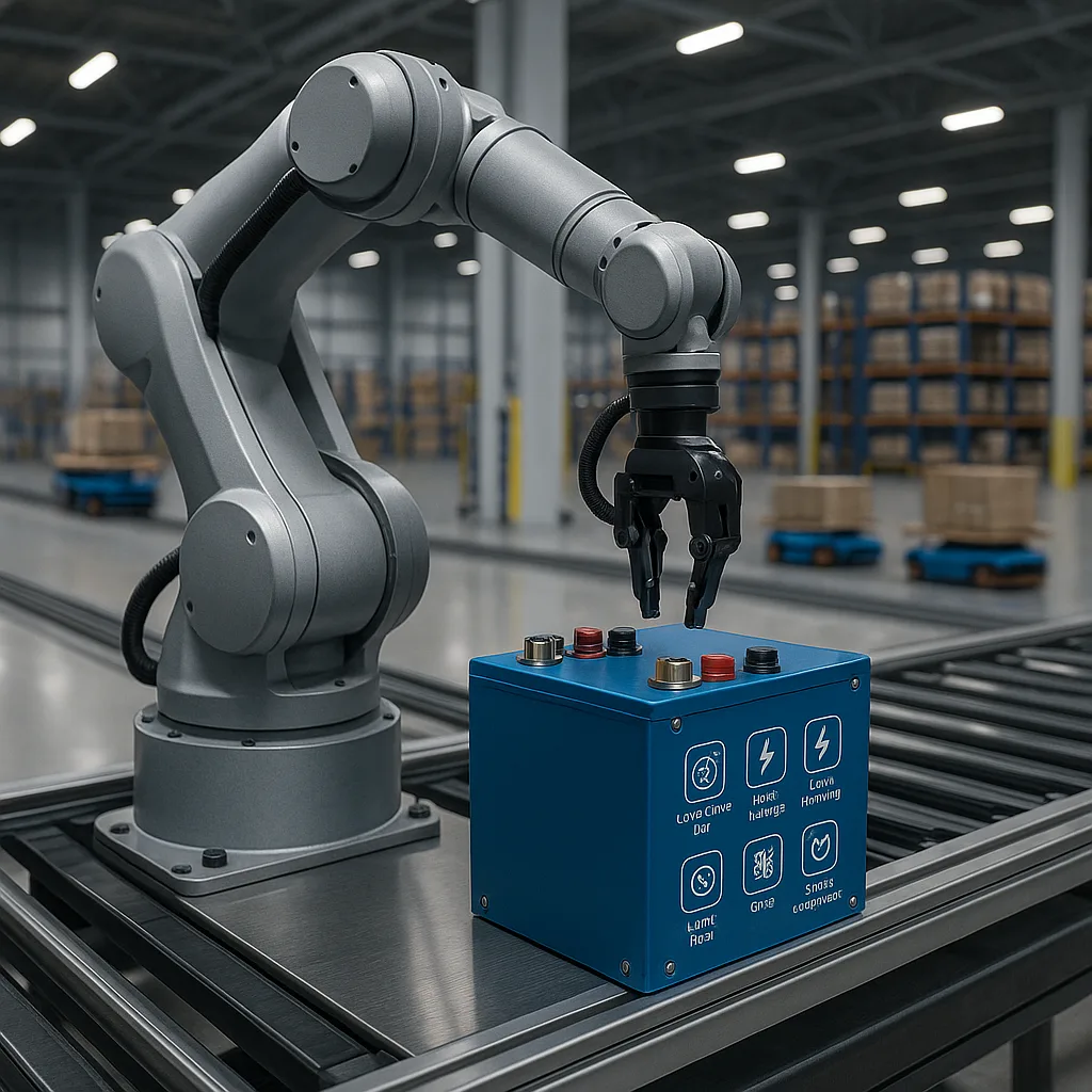 Robotic arm on an assembly line beside a modular LiFePO₄ battery pack with feature icons in an automated warehouse.