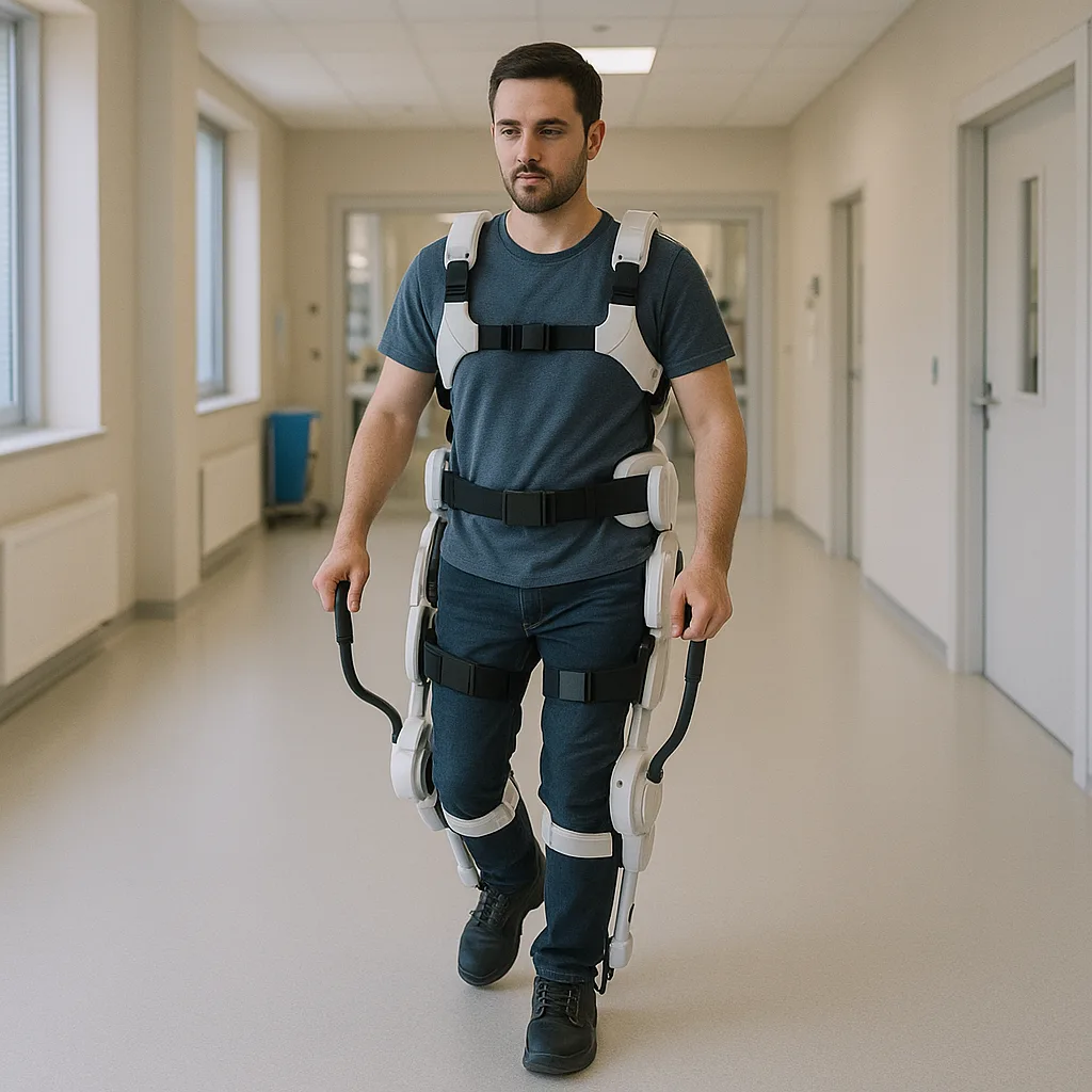 Man walking in a rehabilitation center while wearing a robotic exoskeleton suit in a clean, bright hallway.